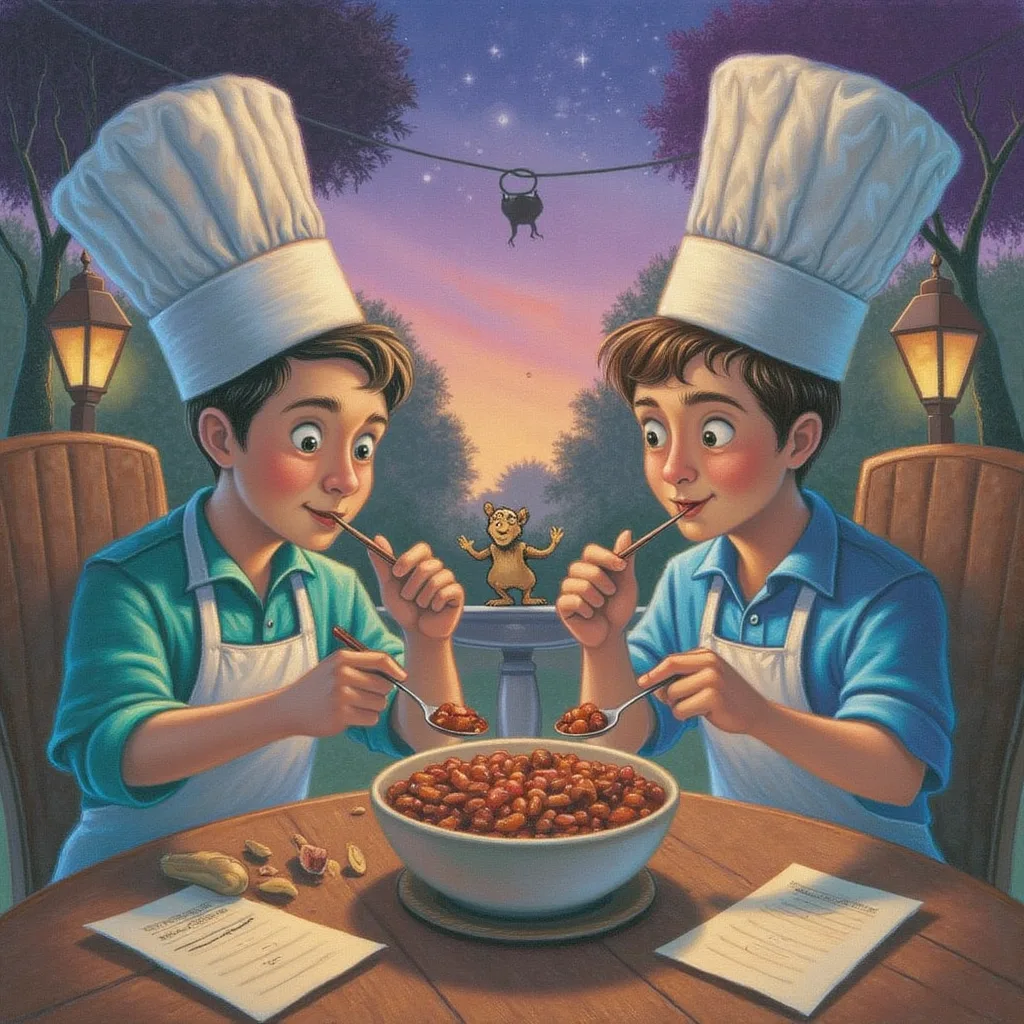 Two neutral judges from rival cooking teams tasting the same bowl of chili side by side and comparing notes at a shared table, no aprons matching the dish they score
