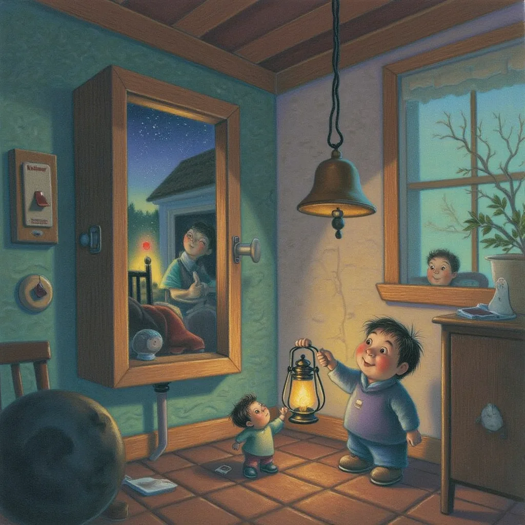 A cozy cutaway of a wooden circuit breaker box where a big friendly switch rests in the off position by default, its little room dark but calmly noticeable, while a warning bell hangs ready to ring the instant something is missed