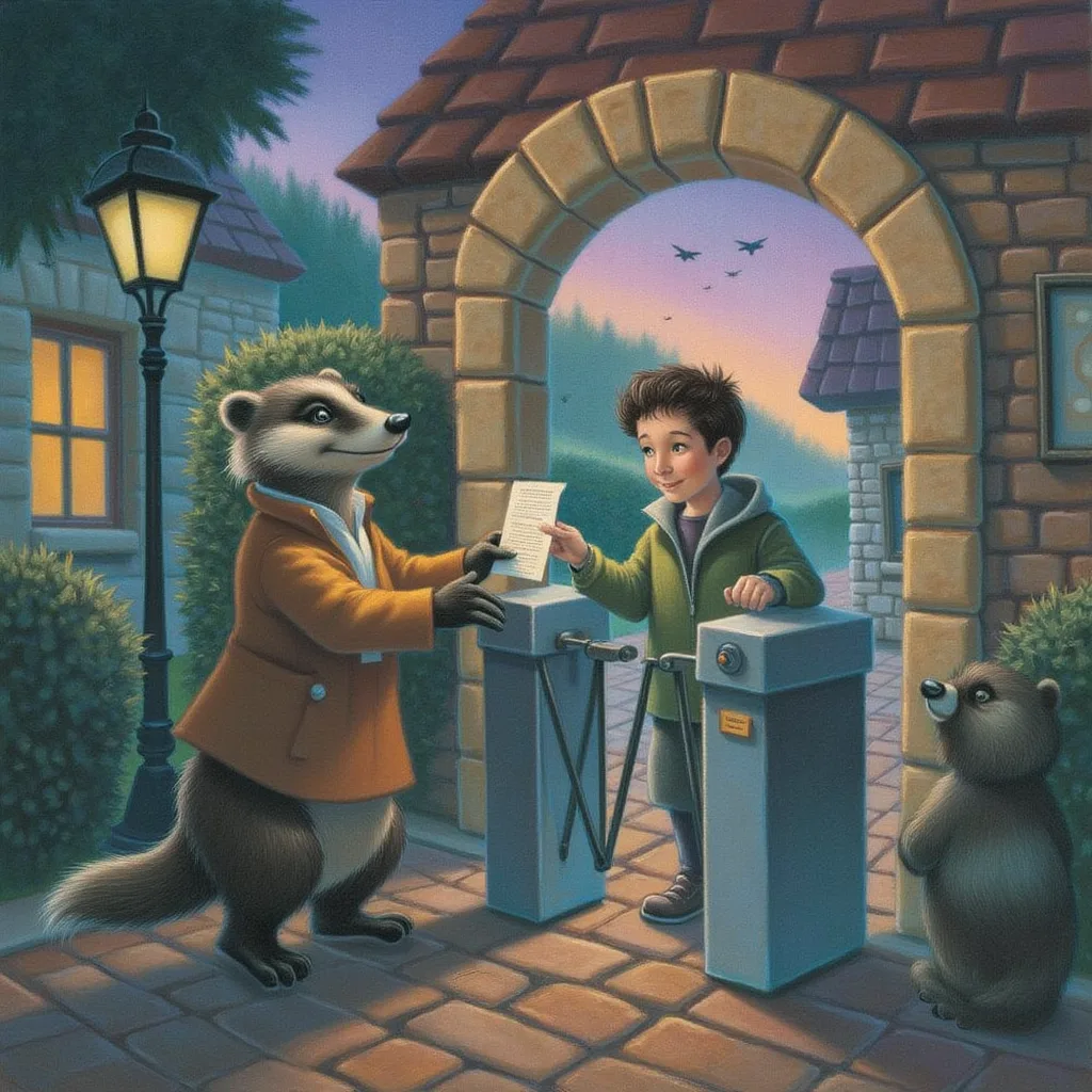 A kind badger doorkeeper checking a returning visitor's stamped ticket and waving them through a side gate, while the coin-collecting turnstile sits untouched behind