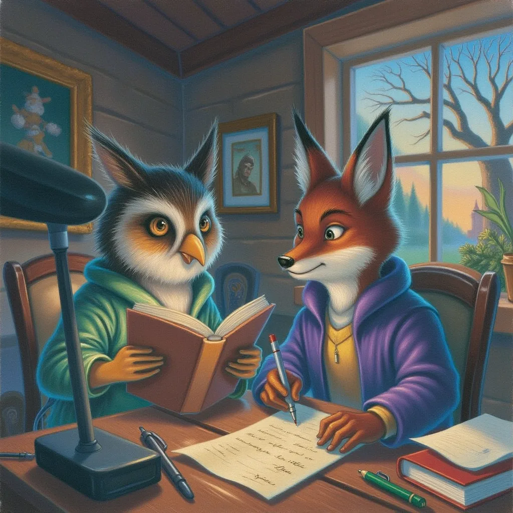 Two different friendly creatures at a desk, one owl-like storyteller creature holding a finished storybook it wrote, and a different fox-like judge creature from another family marking the story with a fair, careful pen, refusing to grade its own kind