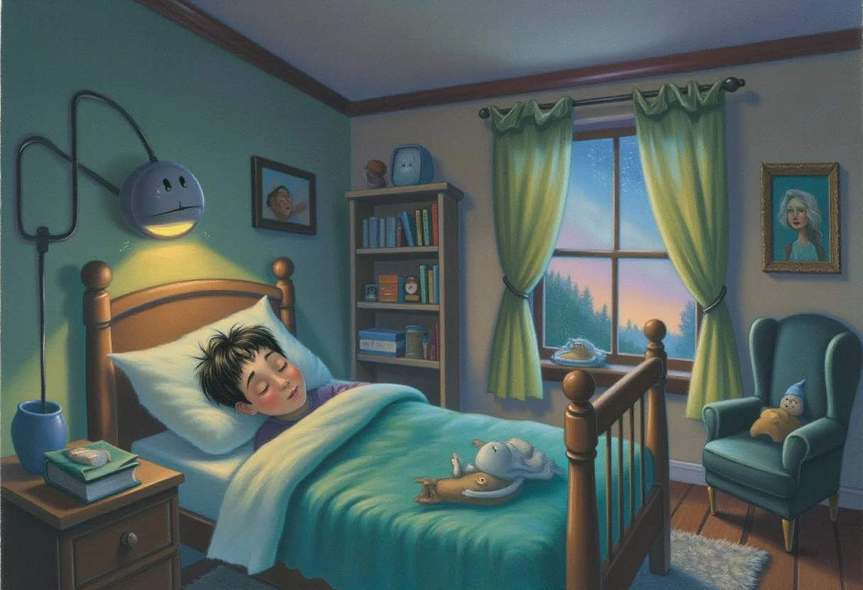 A cozy nursery at dusk where a small round smoke detector with a friendly face is fixed to the ceiling, one gentle amber light glowing on it, watching over a sleeping child and a shelf of storybooks below