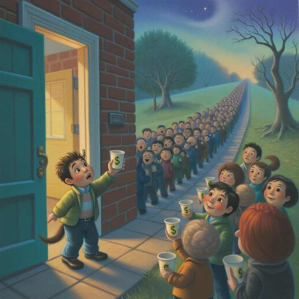 A small worried creature holds up one tiny cup labeled one dollar while a long line of newly arrived guests each hold identical cups, the growing crowd stretching off into the distance