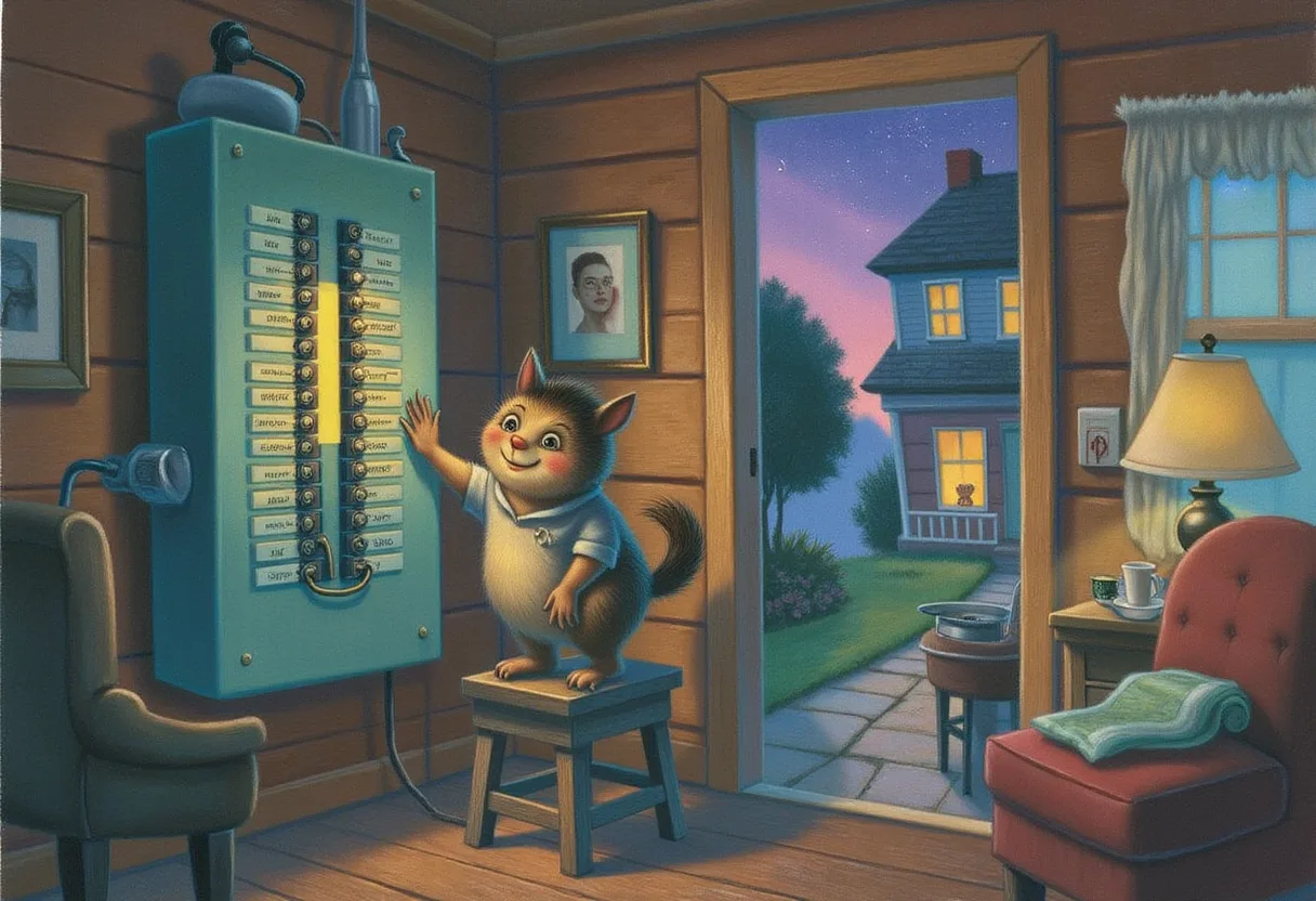 A cozy house breaker panel with many small labeled switches and one large main breaker at the top, a small friendly creature resting a paw on the main switch
