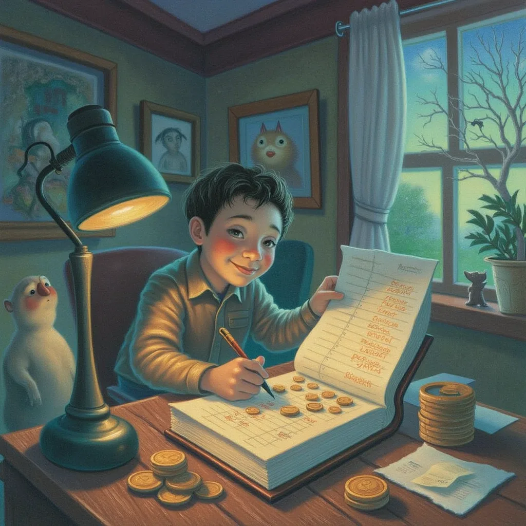 A friendly creature at a wooden desk carefully writing each coin spent into a big open ledger book, tidy rows of tiny entries glowing softly under a lamp