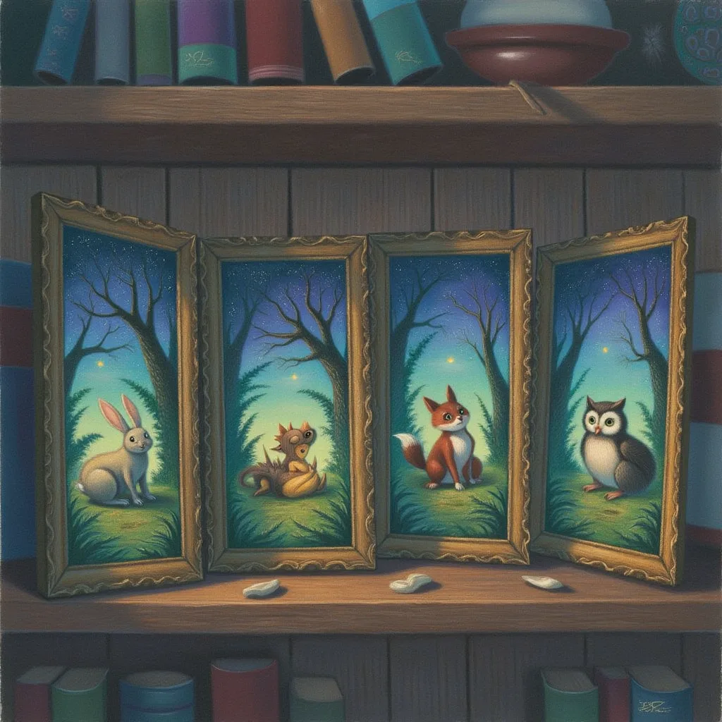 A neat row of identical framed picture books on a shelf, each cover showing the exact same evening forest with soft moss and curling ferns, only the little animal in the foreground differing from frame to frame