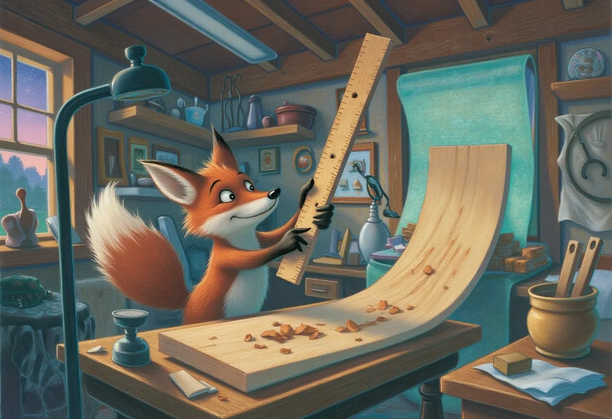 A small friendly fox in a cozy workshop holding up a wooden measuring ruler that is visibly bent and warped, squinting at it in gentle confusion while a perfectly straight board waits on the workbench beside it