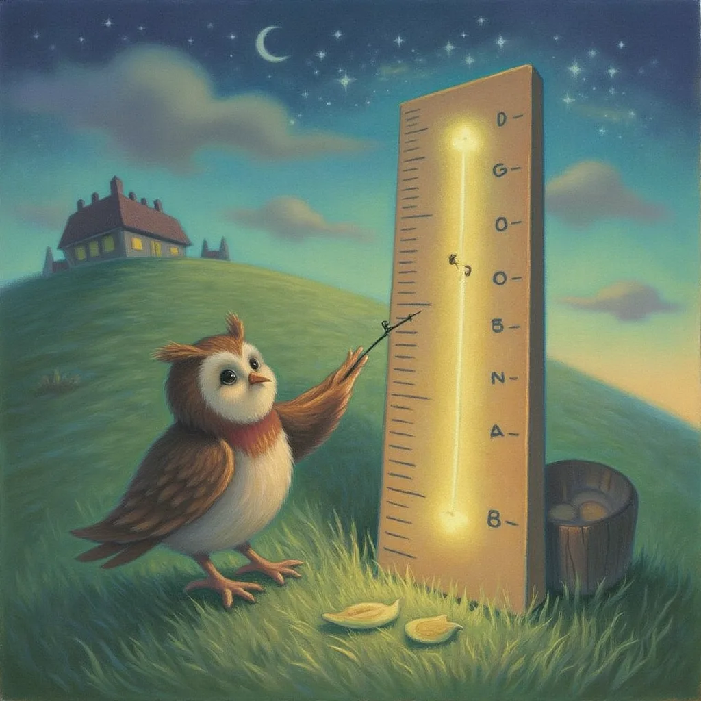 A small friendly owl standing at the foot of a gentle hill, watching a glowing line on a chart hover flat partway up, while behind the chart the measuring stick it is drawn on is subtly curved so the flat reading is really the ruler's own bend