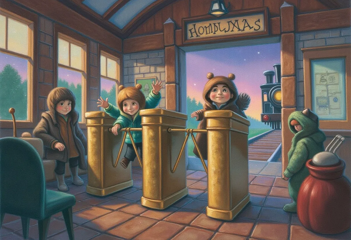 A cozy brass turnstile in a warm storybook train station, with a small friendly creature stepping through the single open arm while others wait patiently behind