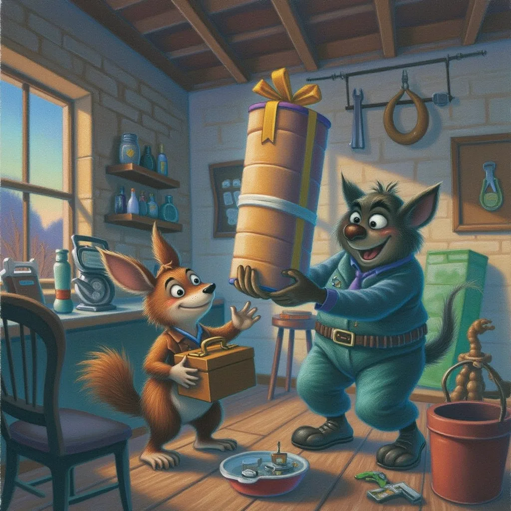 A small friendly creature holding a tiny sturdy toolbox, gently declining a towering shiny gift-wrapped machine a salesman is offering, in a warm storybook workshop