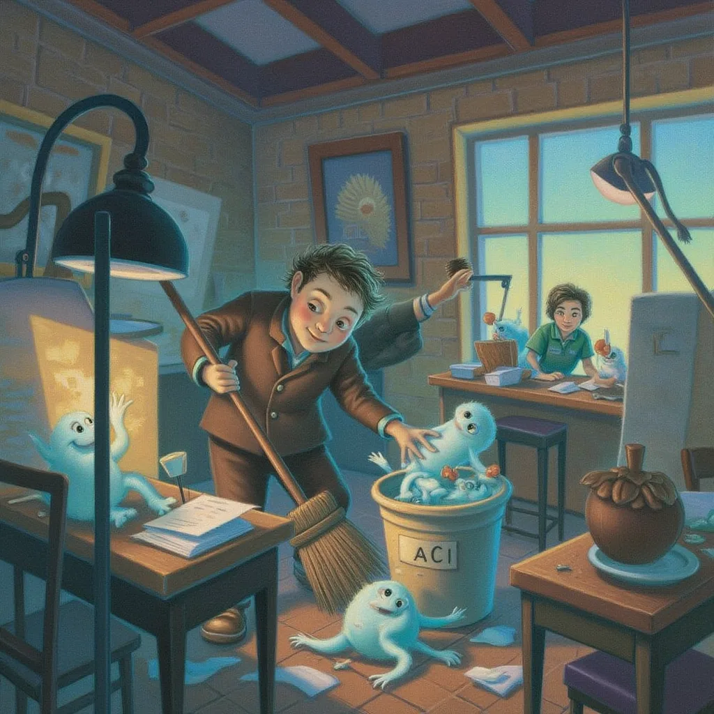 A kindly creature with a broom sweeping up abandoned jobs left frozen mid-task in a warm storybook workshop, gently tidying them into a bin marked failed
