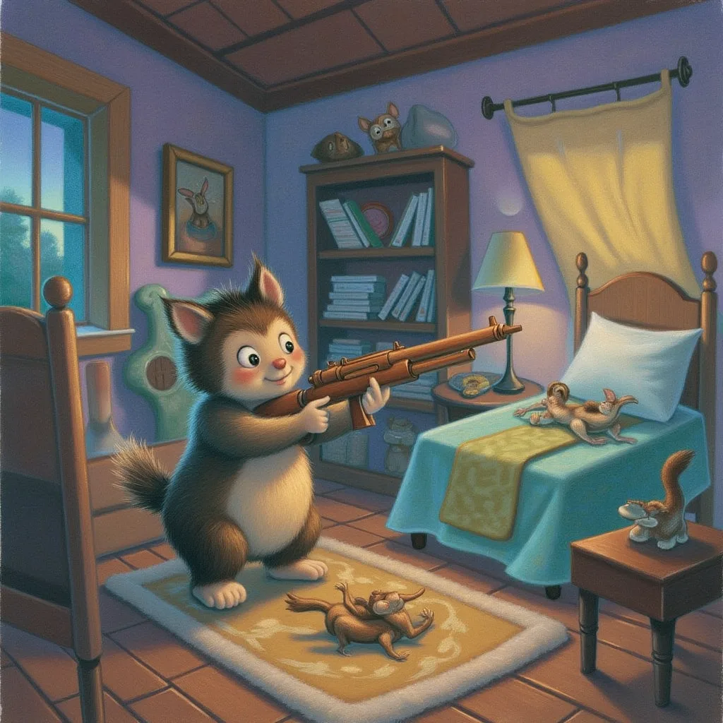 A small friendly creature carefully holding a toy popgun pointed safely down at the wooden floor inside a snug room, calm and unworried, with a little safety latch keeping it aimed away from anyone