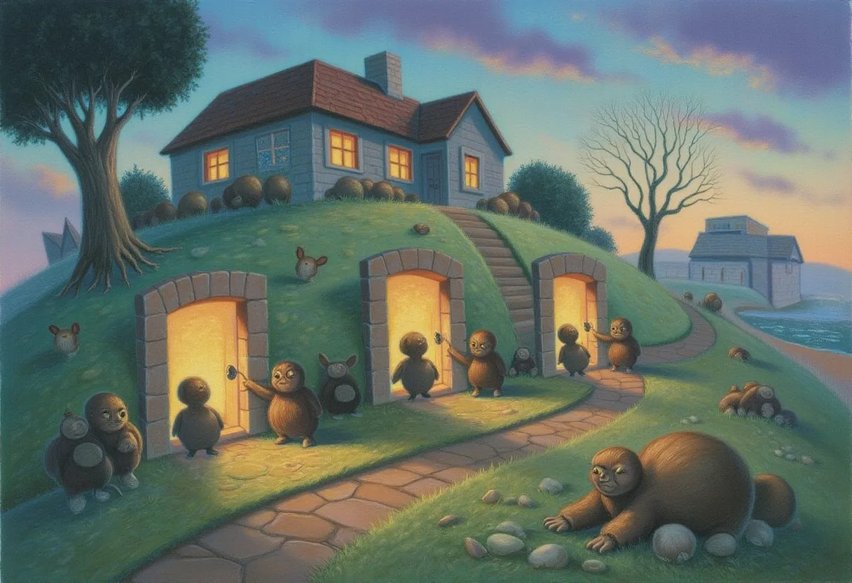 A cozy hillside cottage with exactly three welcoming doors set into its front, each glowing with warm light, and a small friendly creature checking arrivals at each one while the blank wall beside them offers no other way in
