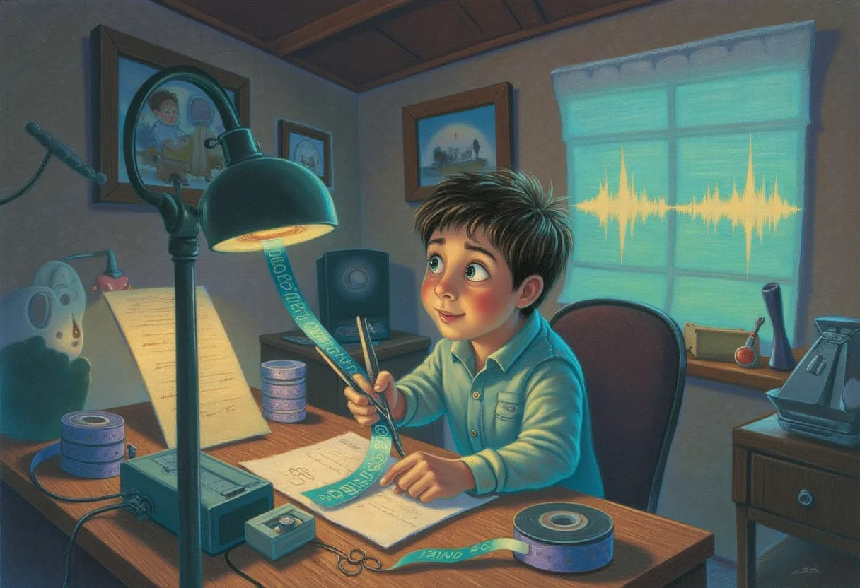 A small friendly creature at a warm wooden editing desk, gently splicing two ribbons of glowing recording tape together, making the cut at a quiet gap between the printed waveforms