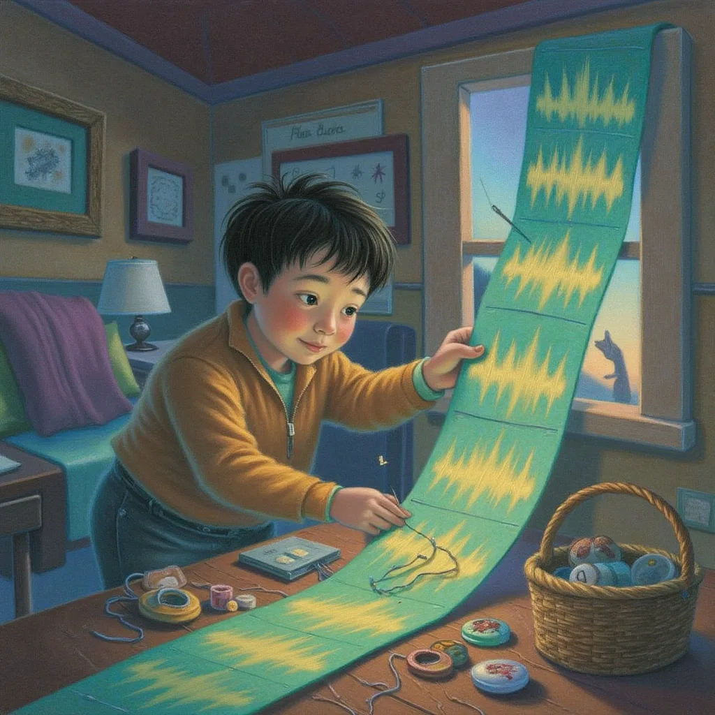 A gentle creature sewing several separate strips of recording tape into one long continuous ribbon, the stitches hidden neatly in the quiet gaps between glowing waveforms so the joined ribbon looks whole