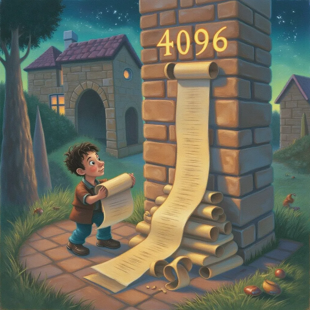 A tiny hopeful character holding a very long scroll of story, standing at the foot of a tall glowing brick wall with the number 4096 carved into it, the scroll spilling over past the wall